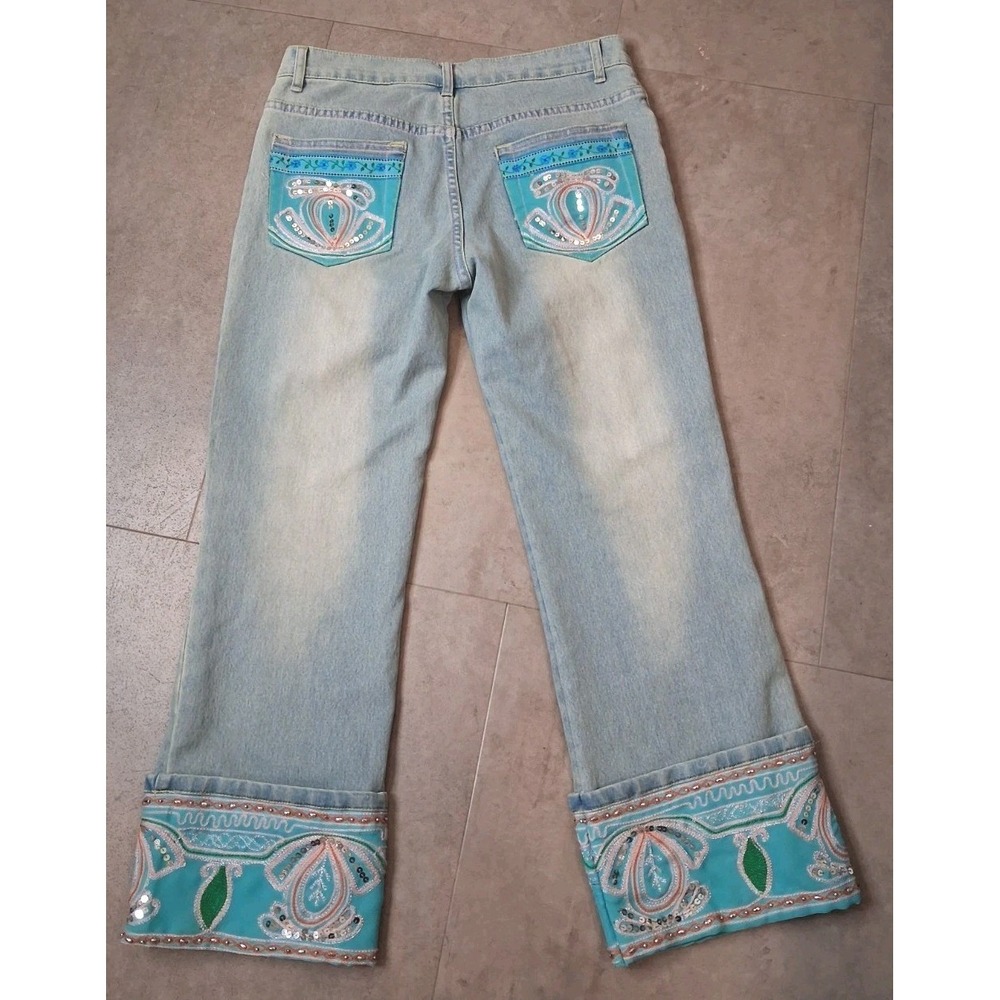 Z.I Jeans Wide Leg Cropped Light Wash Boho Paisley Hem High Rise Size 31 - Picture 3 of 11